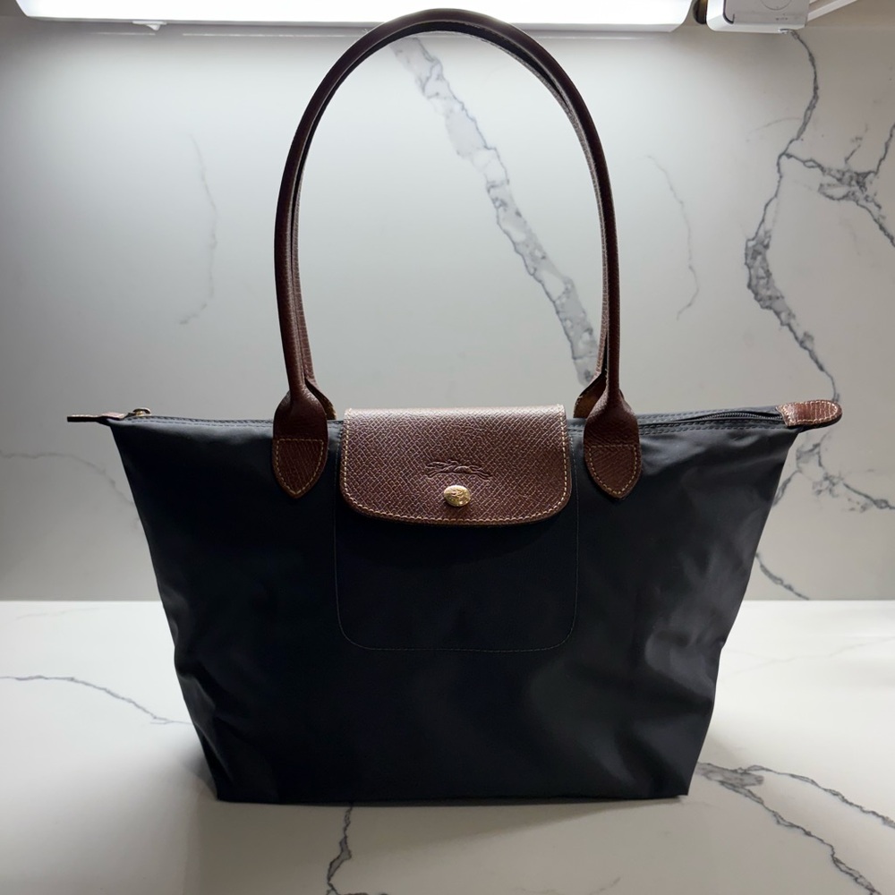 Longchamp Black Tote with Brown Leather Trim